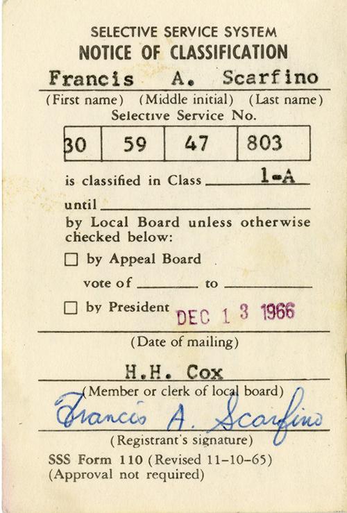 A card titled Selective Service System Notice of Classification with Frank’s signature on the bottom.