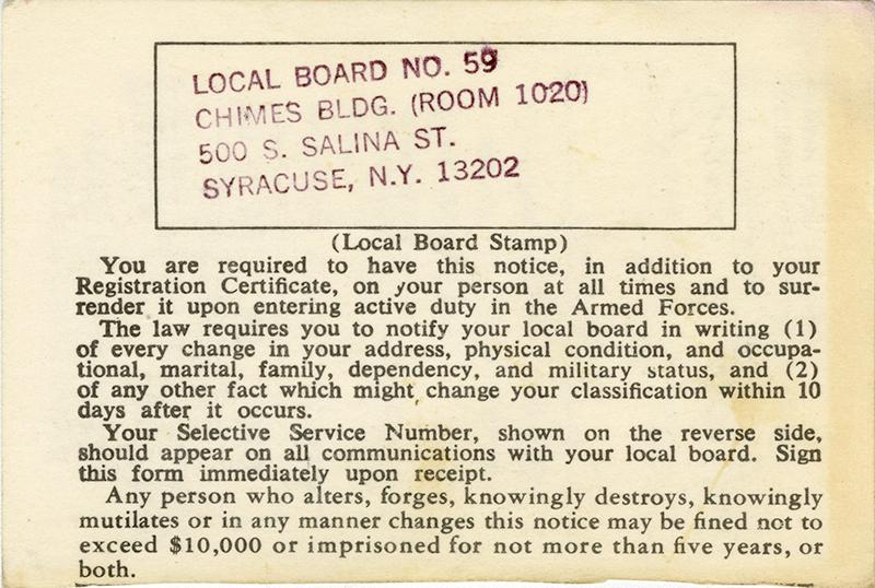 A card with text and a stamp with an address in Syracuse, New York.
