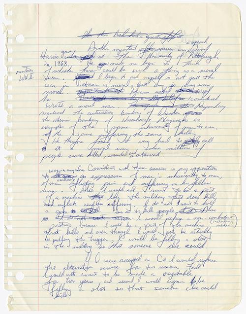 Draft copy in blue pen on lined scribbler sheet.