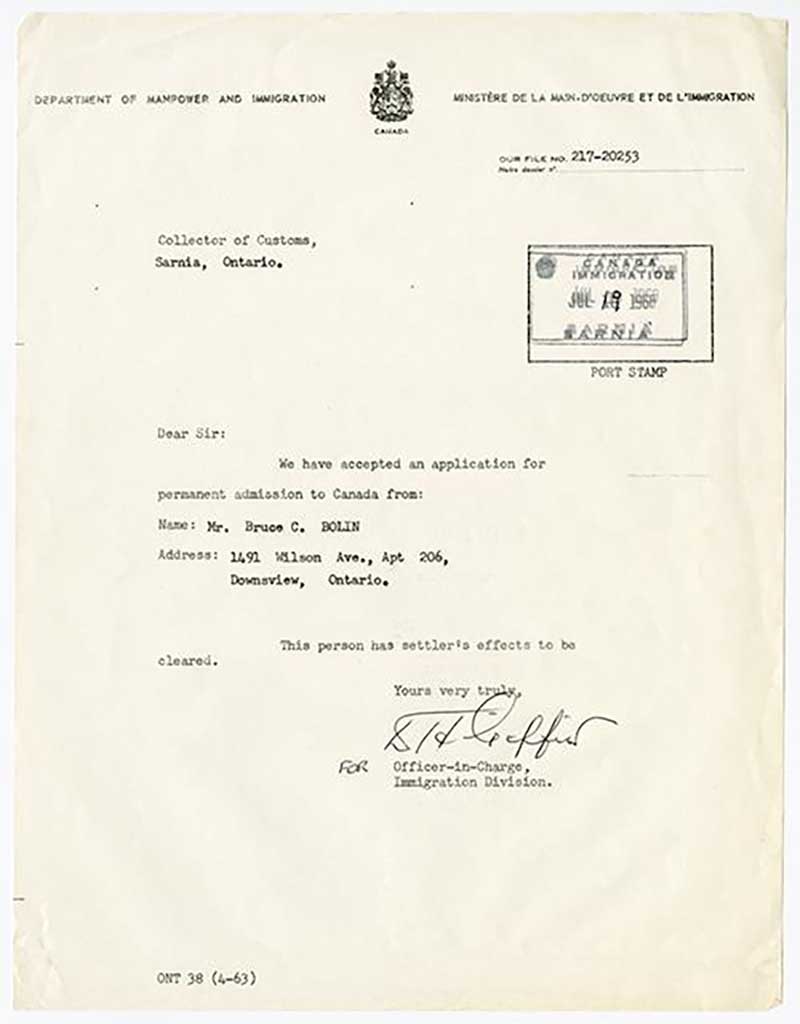 Old copy of a letter to Bruce from the Department of Manpower and Immigration.